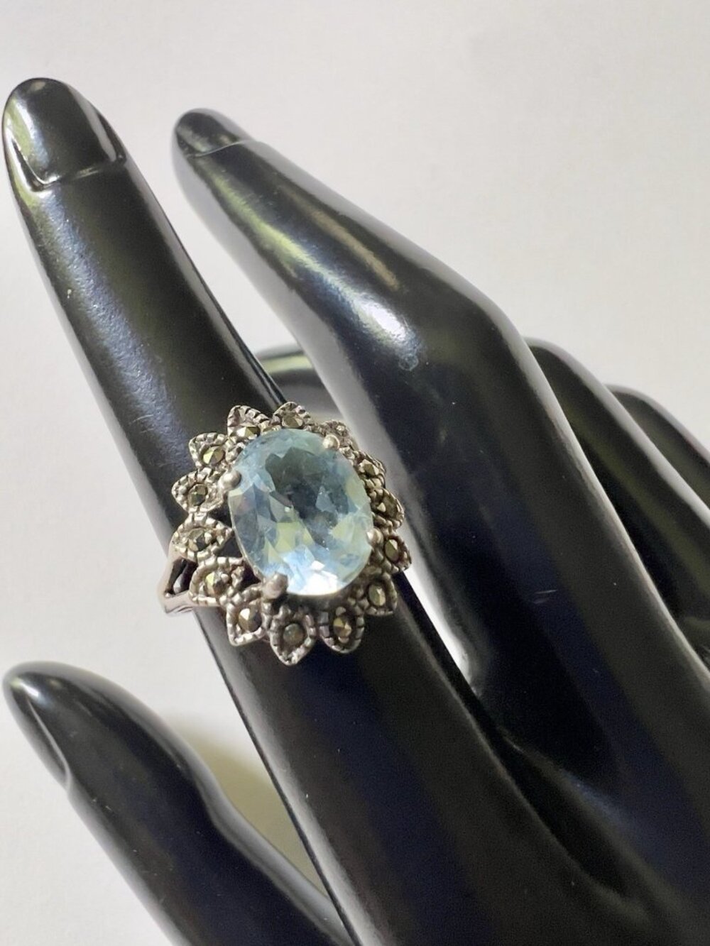 Vintage 925 Sterling Silver Oval Blue Topaz Marcasite Art Deco Style Ring Size 6